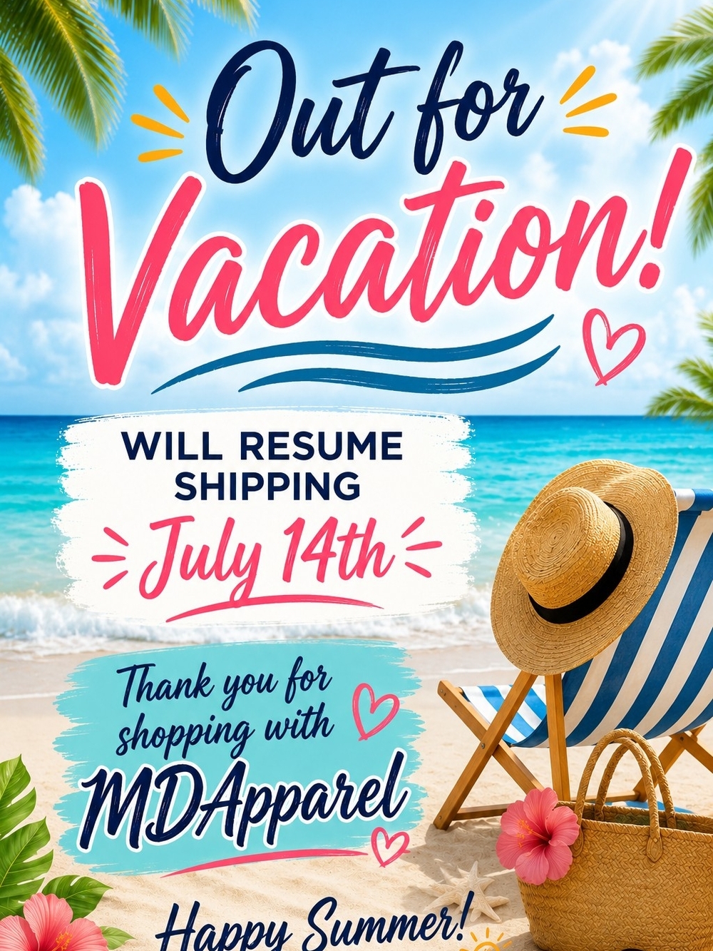 Out for Vacation Sign - Beach Blue & Pink